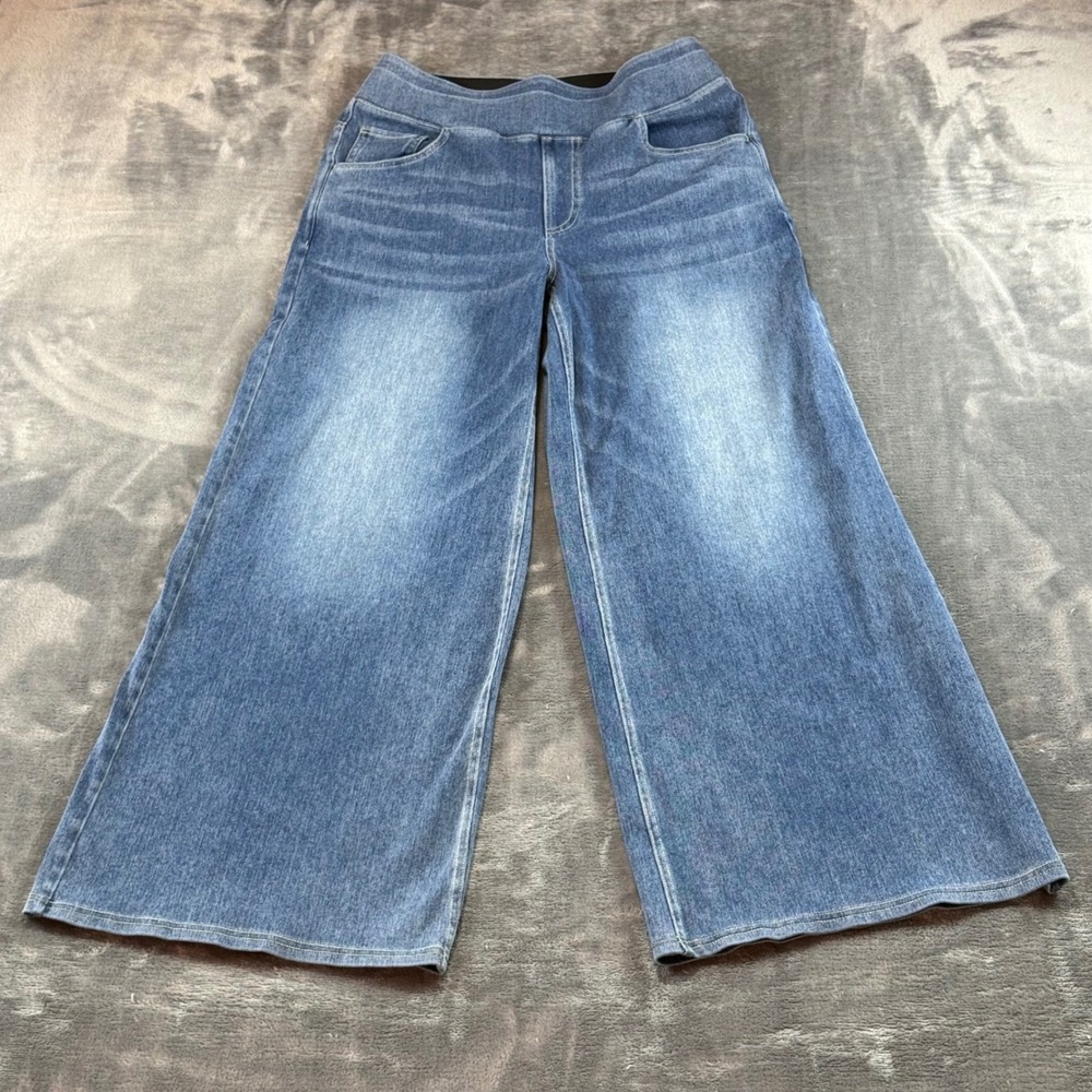 Halara Blue Wide Leg Denim Pull On Jeans‎ Womens Medium Petite High Rise Flare
